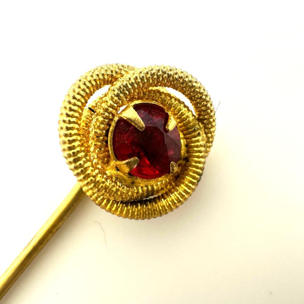 Antique Victorian Edwardian gold filled twisted knot red paste stick pin brooch